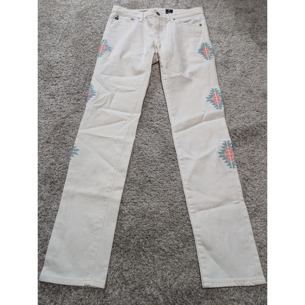 AG Jeans Womens 27 White The Stilt‎ Cigarette Leg Embroidered Geometric Slim Fit